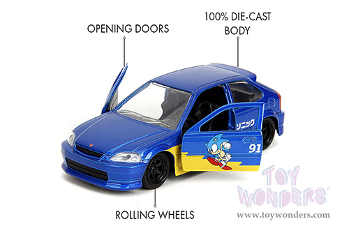 Jada Toys - Hollywood Rides | Honda Civic Type R "Sonic the Hedgehog" (1997, 1/32 scale diecast model car, Blue) 35482