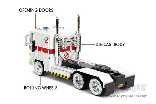 Jada Toys - Hollywood Rides | TRANSFORMERS G1 Optimus Prime® Truck Ghostbusters Ecto-1 Crossover (1/24, diecast model car, White) 35572