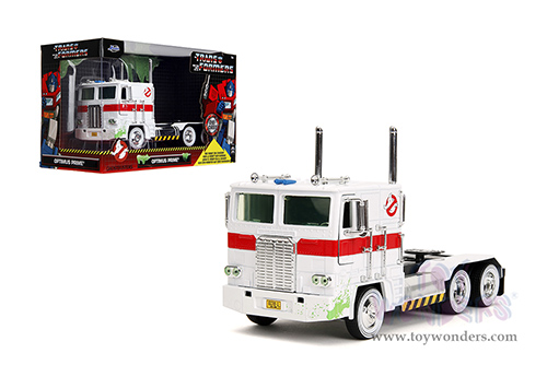 Jada Toys - Hollywood Rides | TRANSFORMERS G1 Optimus Prime® Truck Ghostbusters Ecto-1 Crossover (1/24, diecast model car, White) 35572