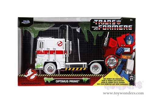 Jada Toys - Hollywood Rides | TRANSFORMERS G1 Optimus Prime® Truck Ghostbusters Ecto-1 Crossover (1/24, diecast model car, White) 35572