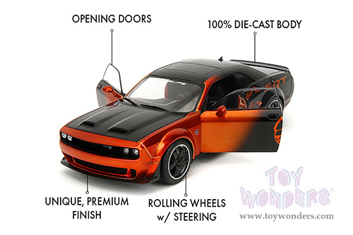 Jada Toys Pink Slips - Dodge Challenger SRT Hellcat Redeye Widebody with Display Base (2015, 1/18 scale diecast model car, Orange/Black) 35722