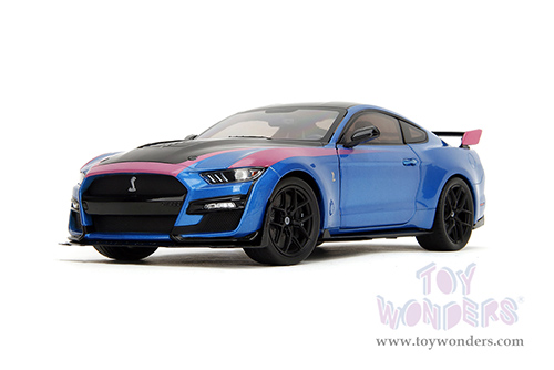 Jada Toys Pink Slips - Ford Mustang Shelby® GT500® with Display Base (2020, 1/18 scale diecast model car, Blue/Black with Pink stripes) 35723