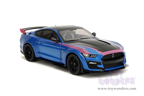 Jada Toys Pink Slips - Ford Mustang Shelby® GT500® with Display Base (2020, 1/18 scale diecast model car, Blue/Black with Pink stripes) 35723