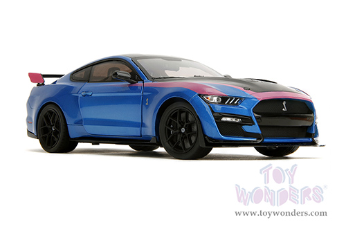 Jada Toys Pink Slips - Ford Mustang Shelby® GT500® with Display Base (2020, 1/18 scale diecast model car, Blue/Black with Pink stripes) 35723