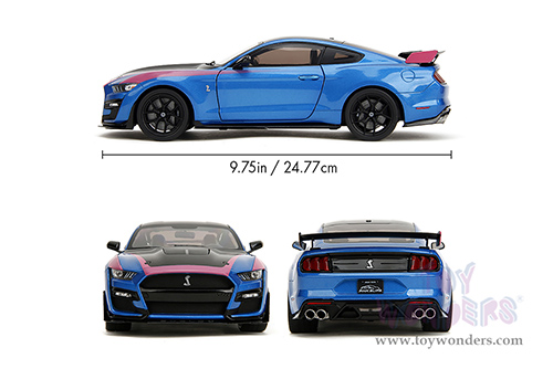 Jada Toys Pink Slips - Ford Mustang Shelby® GT500® with Display Base (2020, 1/18 scale diecast model car, Blue/Black with Pink stripes) 35723