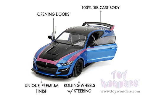 Jada Toys Pink Slips - Ford Mustang Shelby® GT500® with Display Base (2020, 1/18 scale diecast model car, Blue/Black with Pink stripes) 35723
