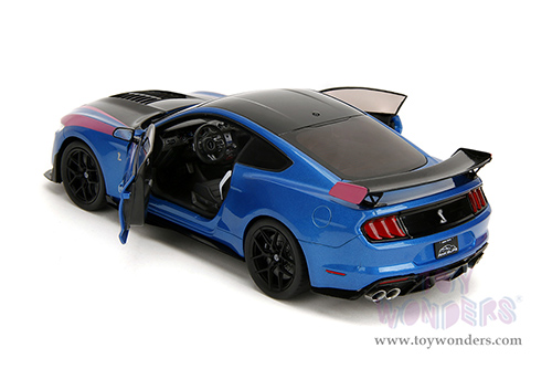 Jada Toys Pink Slips - Ford Mustang Shelby® GT500® with Display Base (2020, 1/18 scale diecast model car, Blue/Black with Pink stripes) 35723