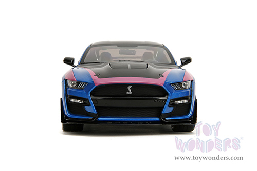 Jada Toys Pink Slips - Ford Mustang Shelby® GT500® with Display Base (2020, 1/18 scale diecast model car, Blue/Black with Pink stripes) 35723