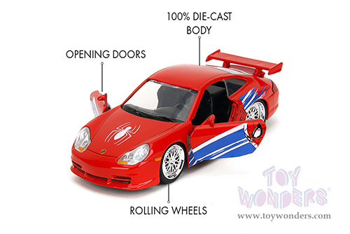 Jada Toys - Hollywood Rides | Marvel Spider Man Porsche 911 GT3 RS (996) (1/32 scale diecast model car, Red) 36068