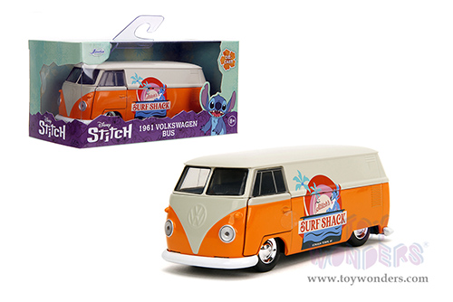 Jada Toys - Hollywood Rides | Disney Stitch Volkswagen Bus "Stitch's Surf Shack" (1961, 1/32 scale diecast model car, Orange/Cream) 36144