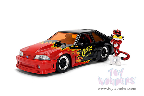 Jada Toys - Hollywood Rides | Ford Mustang GT with Chester Cheetah Diecast Figure "Cheetos® Flamin' Hot®" (1989, 1/24, diecast model car, Black/w Red flames) 36255