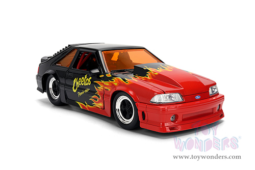 Jada Toys - Hollywood Rides | Ford Mustang GT with Chester Cheetah Diecast Figure "Cheetos® Flamin' Hot®" (1989, 1/24, diecast model car, Black/w Red flames) 36255