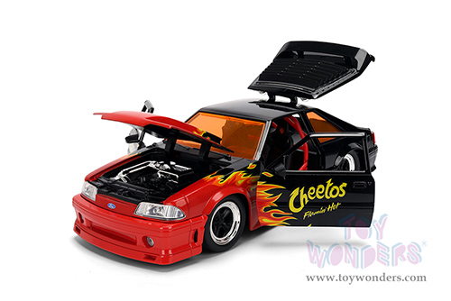 Jada Toys - Hollywood Rides | Ford Mustang GT with Chester Cheetah Diecast Figure "Cheetos® Flamin' Hot®" (1989, 1/24, diecast model car, Black/w Red flames) 36255