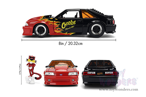 Jada Toys - Hollywood Rides | Ford Mustang GT with Chester Cheetah Diecast Figure "Cheetos® Flamin' Hot®" (1989, 1/24, diecast model car, Black/w Red flames) 36255