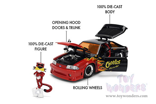Jada Toys - Hollywood Rides | Ford Mustang GT with Chester Cheetah Diecast Figure "Cheetos® Flamin' Hot®" (1989, 1/24, diecast model car, Black/w Red flames) 36255