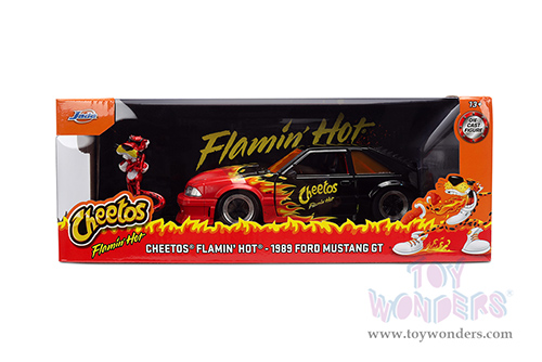 Jada Toys - Hollywood Rides | Ford Mustang GT with Chester Cheetah Diecast Figure "Cheetos® Flamin' Hot®" (1989, 1/24, diecast model car, Black/w Red flames) 36255