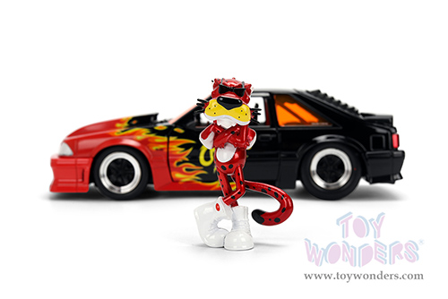 Jada Toys - Hollywood Rides | Ford Mustang GT with Chester Cheetah Diecast Figure "Cheetos® Flamin' Hot®" (1989, 1/24, diecast model car, Black/w Red flames) 36255