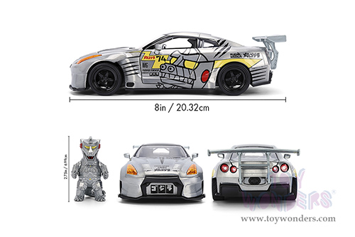 Jada Toys - Hollywood Rides | Nissan Skyline GT-R (R35) Ben Sopra with Mechagodzilla Diecast Figure "Godzilla" (2009, 1/24, diecast model car, Silver) 36285