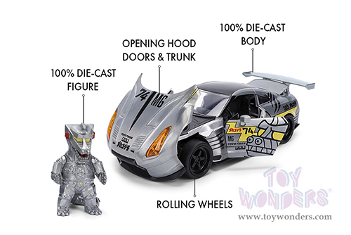 Jada Toys - Hollywood Rides | Nissan Skyline GT-R (R35) Ben Sopra with Mechagodzilla Diecast Figure "Godzilla" (2009, 1/24, diecast model car, Silver) 36285