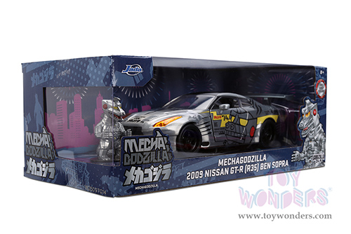 Jada Toys - Hollywood Rides | Nissan Skyline GT-R (R35) Ben Sopra with Mechagodzilla Diecast Figure "Godzilla" (2009, 1/24, diecast model car, Silver) 36285