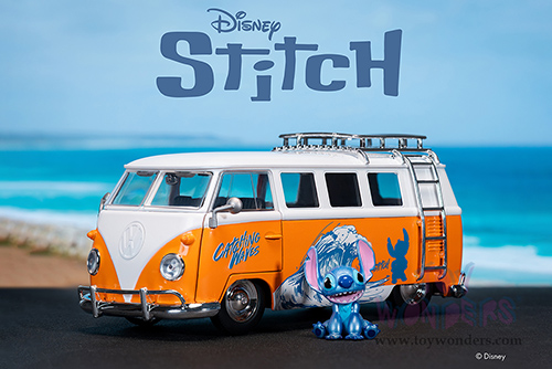 Jada Toys - Hollywood Rides | Disney Stitch Volkswagen Bus with Stitch Diecast Figure (1961, 1/24, diecast model car, Orange/White) 36340