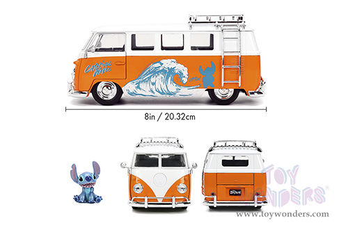 Jada Toys - Hollywood Rides | Disney Stitch Volkswagen Bus with Stitch Diecast Figure (1961, 1/24, diecast model car, Orange/White) 36340