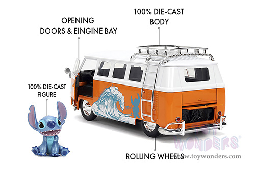 Jada Toys - Hollywood Rides | Disney Stitch Volkswagen Bus with Stitch Diecast Figure (1961, 1/24, diecast model car, Orange/White) 36340