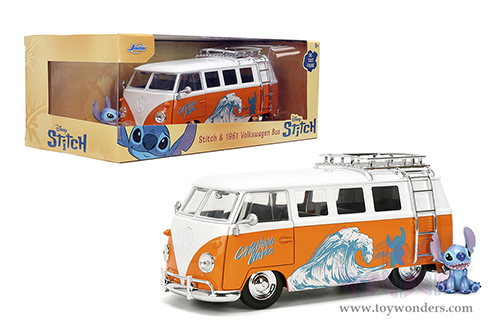 Jada Toys - Hollywood Rides | Disney Stitch Volkswagen Bus with Stitch Diecast Figure (1961, 1/24, diecast model car, Orange/White) 36340