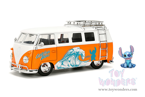 Jada Toys - Hollywood Rides | Disney Stitch Volkswagen Bus with Stitch Diecast Figure (1961, 1/24, diecast model car, Orange/White) 36340