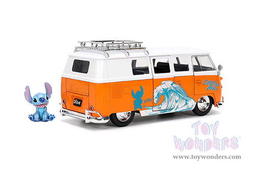 Jada Toys - Hollywood Rides | Disney Stitch Volkswagen Bus with Stitch Diecast Figure (1961, 1/24, diecast model car, Orange/White) 36340