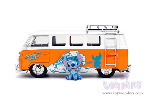 Jada Toys - Hollywood Rides | Disney Stitch Volkswagen Bus with Stitch Diecast Figure (1961, 1/24, diecast model car, Orange/White) 36340