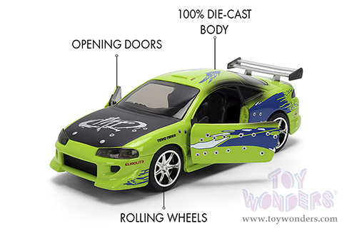 Jada Toys Fast & Furious - Brian's Mitsubishi Eclipse Damaged Version (1/32 scale diecast model car, Glossy Green) 36356