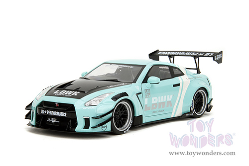 Jada Toys Pink Slips - Nissan GT-R (R35) with Liberty Walk Body Kit 2.0 and Display Base (2020, 1/18 scale diecast model car, Seafoam Blue/White Stripes) 36382