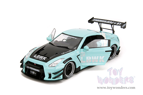 Jada Toys Pink Slips - Nissan GT-R (R35) with Liberty Walk Body Kit 2.0 and Display Base (2020, 1/18 scale diecast model car, Seafoam Blue/White Stripes) 36382