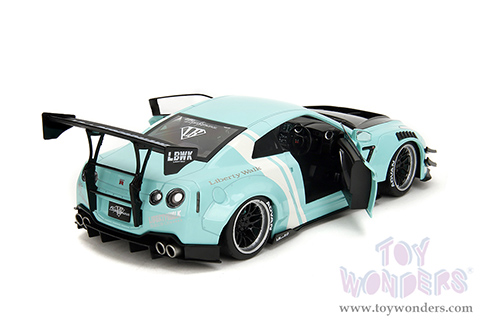 Jada Toys Pink Slips - Nissan GT-R (R35) with Liberty Walk Body Kit 2.0 and Display Base (2020, 1/18 scale diecast model car, Seafoam Blue/White Stripes) 36382