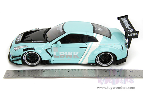 Jada Toys Pink Slips - Nissan GT-R (R35) with Liberty Walk Body Kit 2.0 and Display Base (2020, 1/18 scale diecast model car, Seafoam Blue/White Stripes) 36382