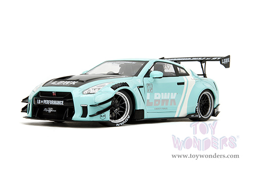 Jada Toys Pink Slips - Nissan GT-R (R35) with Liberty Walk Body Kit 2.0 and Display Base (2020, 1/18 scale diecast model car, Seafoam Blue/White Stripes) 36382