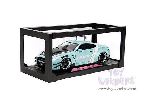 Jada Toys Pink Slips - Nissan GT-R (R35) with Liberty Walk Body Kit 2.0 and Display Base (2020, 1/18 scale diecast model car, Seafoam Blue/White Stripes) 36382
