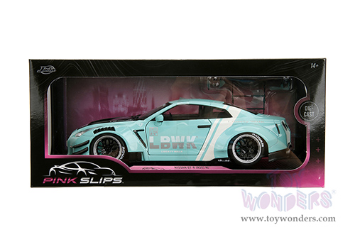 Jada Toys Pink Slips - Nissan GT-R (R35) with Liberty Walk Body Kit 2.0 and Display Base (2020, 1/18 scale diecast model car, Seafoam Blue/White Stripes) 36382