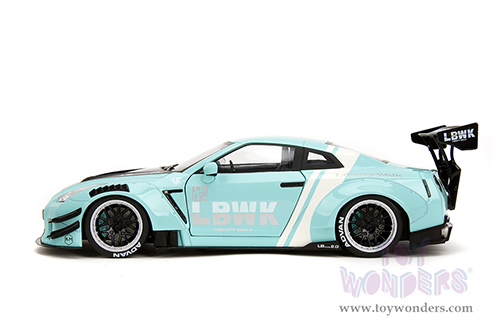 Jada Toys Pink Slips - Nissan GT-R (R35) with Liberty Walk Body Kit 2.0 and Display Base (2020, 1/18 scale diecast model car, Seafoam Blue/White Stripes) 36382