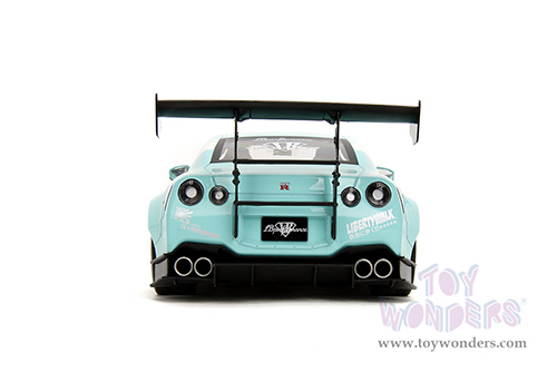 Jada Toys Pink Slips - Nissan GT-R (R35) with Liberty Walk Body Kit 2.0 and Display Base (2020, 1/18 scale diecast model car, Seafoam Blue/White Stripes) 36382