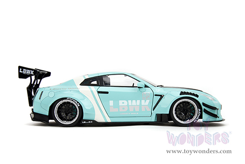 Jada Toys Pink Slips - Nissan GT-R (R35) with Liberty Walk Body Kit 2.0 and Display Base (2020, 1/18 scale diecast model car, Seafoam Blue/White Stripes) 36382
