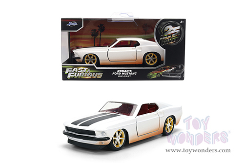 Jada Toys Fast & Furious - Roman's Ford Mustang Dirty Version - 25th Anniversary Series (1969, 1/32 scale diecast model car, White) 36394