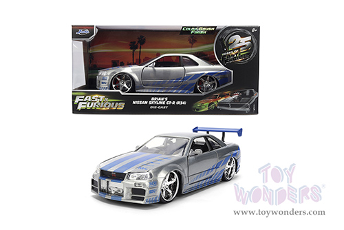 Jada Toys Fast & Furious - Brian's Nissan Skyline GT-R (R34) - 25th Anniversary series (1/24 scale diecast model car, Silver Brush Finish) 36818