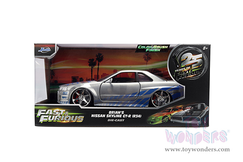 Jada Toys Fast & Furious - Brian's Nissan Skyline GT-R (R34) - 25th Anniversary series (1/24 scale diecast model car, Silver Brush Finish) 36818
