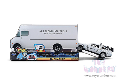 Jada Toys - Hollywood Rides | DeLorean DMC (Time Machine) "Back to the Future" with Dr. E. Brown's Enterprise truck 40th Anniversary Special Packaging (1/32 scale diecast model car, Frost Brush Metal) 36848