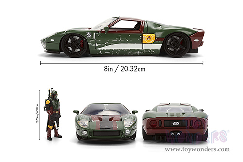 Jada Toys - Hollywood Rides | Ford GT (Weathered) with Boba Fett™ Figure "Star Wars" (2005, 1/24, diecast model car, Green/Brown) 36909