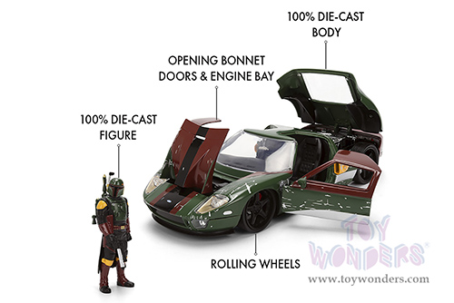 Jada Toys - Hollywood Rides | Ford GT (Weathered) with Boba Fett™ Figure "Star Wars" (2005, 1/24, diecast model car, Green/Brown) 36909