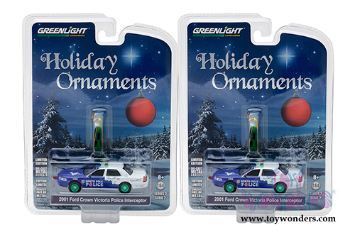 Greenlight - Holiday Ornaments Series 2 | Ford Crown Victoria Police Interceptor (2001, 1/64 scale diecast model car, Blue/White) 37120F/48