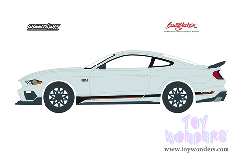 Greenlight - Barrett Jackson Series 8 | Ford Mustang Mach 1 VIN #001 (Lot #3005) (2021, 1/64 scale diecast model car, Fighter Jet Gray/Ebony and Orange Stripes) 37240F/48